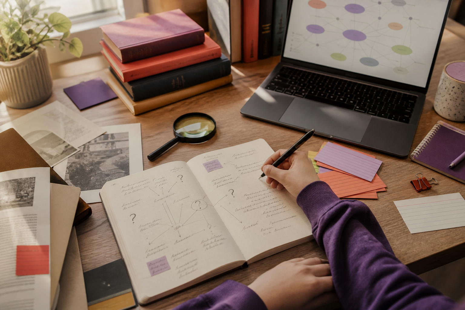 A warm research desk with books, notes, a magnifying glass, and a connected evidence map.