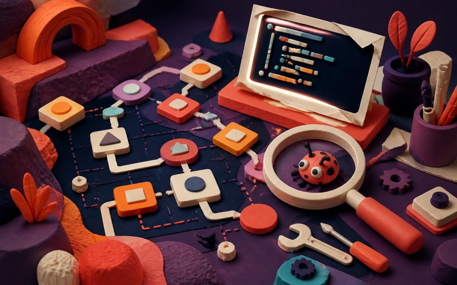 A tactile code laboratory with logic blocks, repair tools, and a friendly software bug.